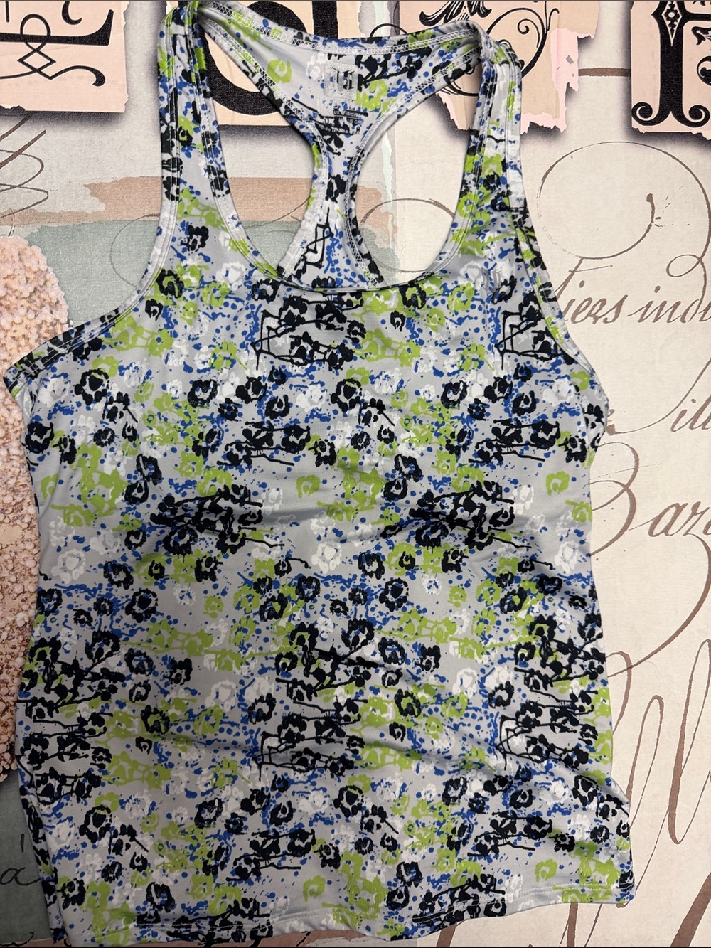 EleVen by Venus Williams Floral-Print Racerback Tank in Light Gray, Blue & Lime